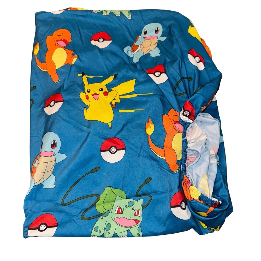 Pokemon Twin Size Fitted Sheet Polyester‎ Blue Pikachu Charizard Bulbasaur